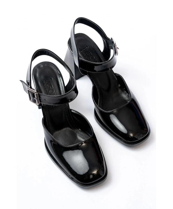 İNF-40450 Siyah Rugan Günlük Arkası Açık Topuklu Bayan Ayakkabı