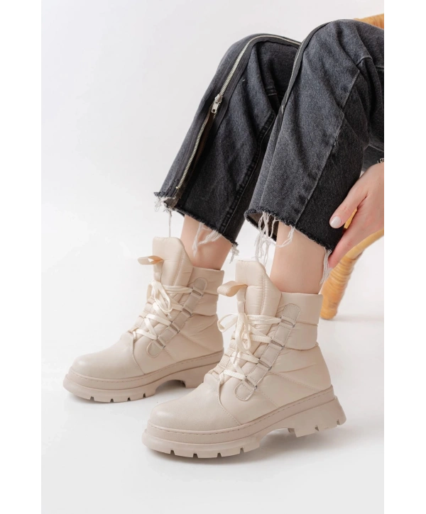 ASM-083 Bej Bağcıklı Su Geçirmez Kadın Kar Botu