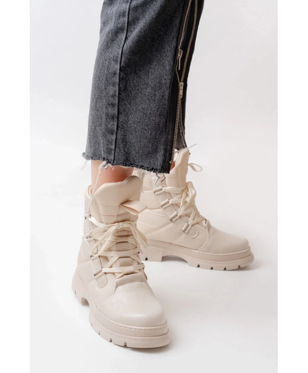 ASM-083 Bej Bağcıklı Su Geçirmez Kadın Kar Botu