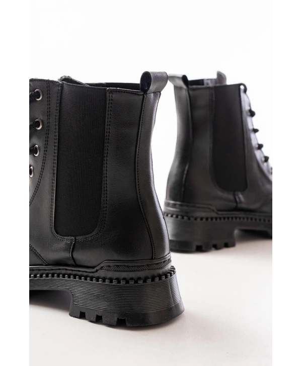 2051-298 Siyah Cilt Düz Topuklu Bağcıklı Lastikli Günlük Kadın Bot