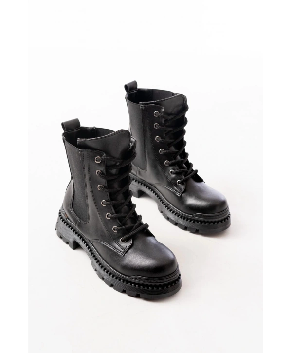 2051-298 Siyah Cilt Düz Topuklu Bağcıklı Lastikli Günlük Kadın Bot