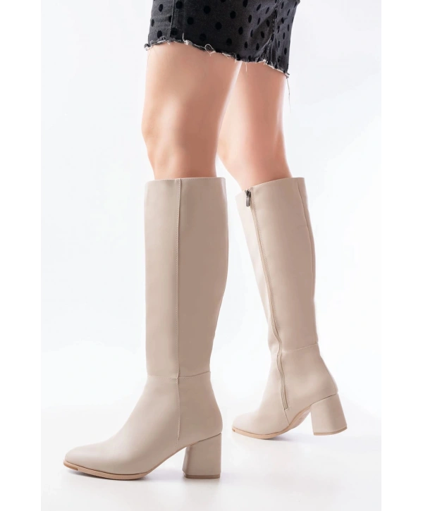 RS-2432 Bej Topuklu Fermuarlı Günlük Kadın Çizme