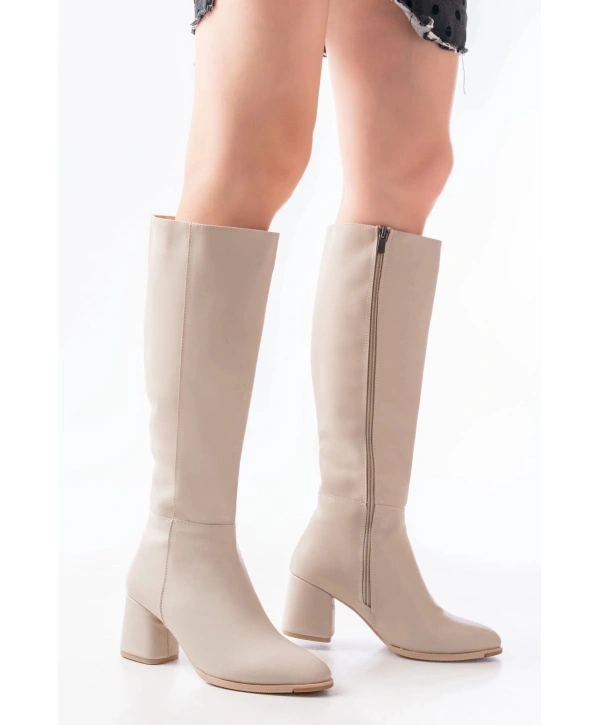 RS-2432 Bej Topuklu Fermuarlı Günlük Kadın Çizme