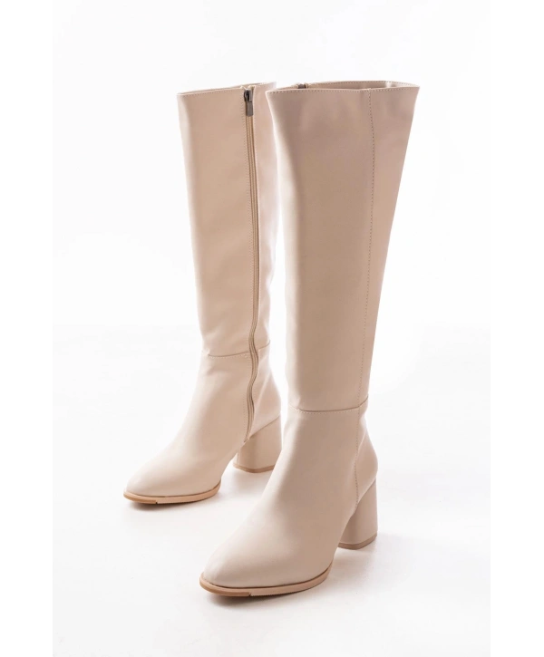 RS-2432 Bej Topuklu Fermuarlı Günlük Kadın Çizme