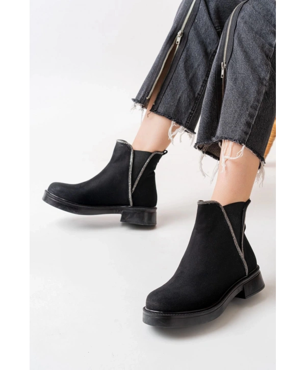 02-02 Siyah Süet Taş Aksesuarlı Lastikli Günlük Kadın Bot