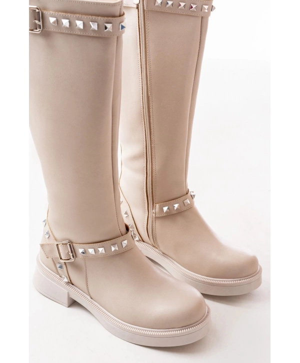 02-307 Bej Düz Topuklu Günlük Bayan Binici Çizme