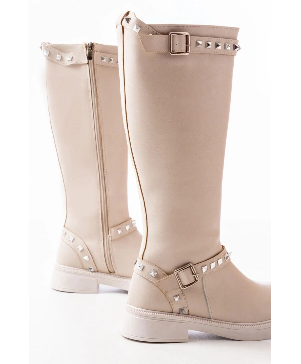 02-307 Bej Düz Topuklu Günlük Bayan Binici Çizme