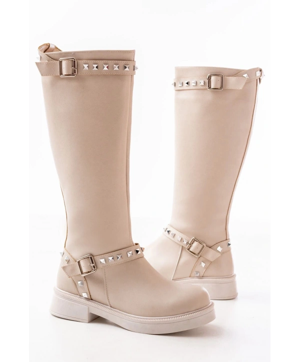 02-307 Bej Düz Topuklu Günlük Bayan Binici Çizme