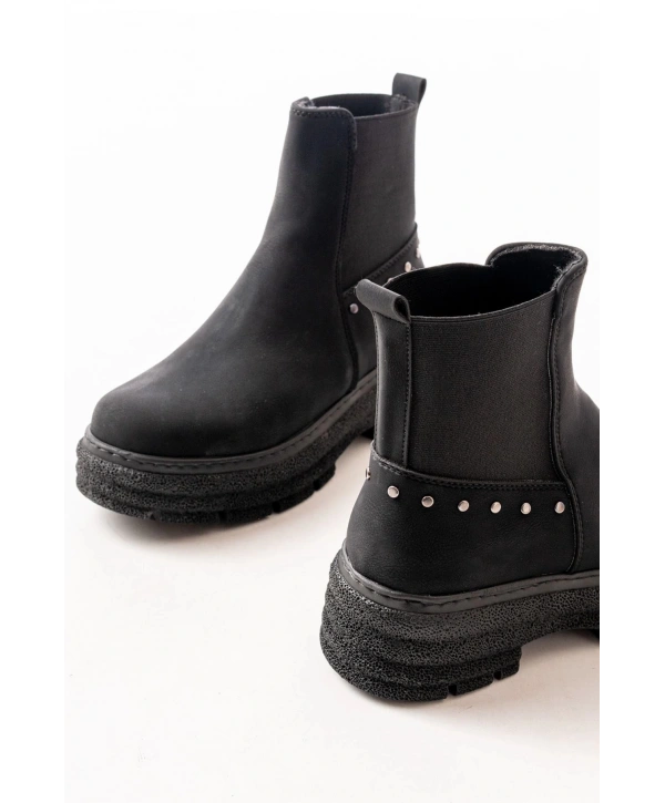 749-2005 Siyah Zümrüt Düz Topuklu Lastikli Günlük Kadın Bot