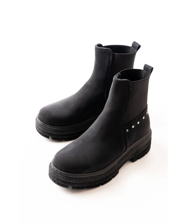 749-2005 Siyah Zümrüt Düz Topuklu Lastikli Günlük Kadın Bot