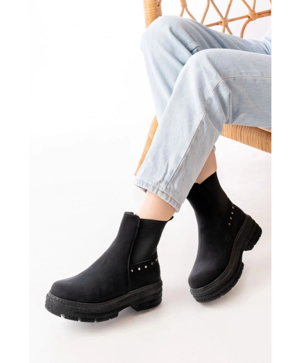 749-2005 Siyah Zümrüt Düz Topuklu Lastikli Günlük Kadın Bot