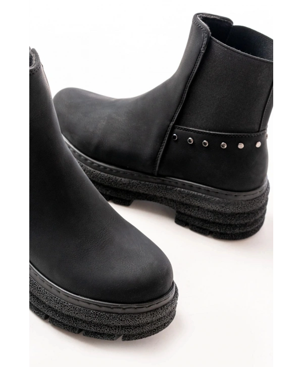 749-2005 Siyah Zümrüt Düz Topuklu Lastikli Günlük Kadın Bot