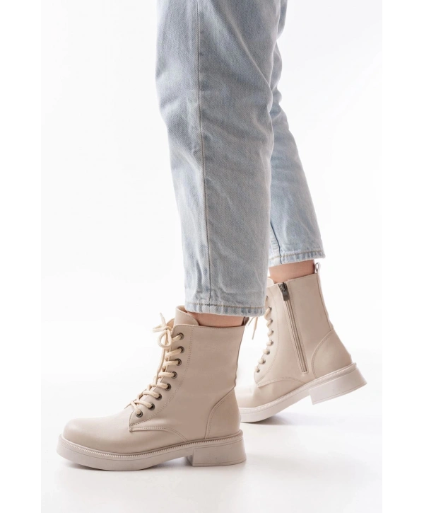 02-356 Bej Düz Topuklu Bağcıklı Fermuarlı Günlük Kadın Bot