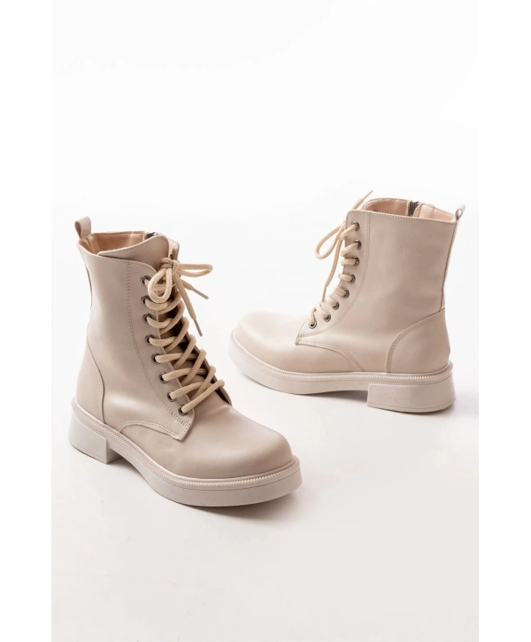02-356 Bej Düz Topuklu Bağcıklı Fermuarlı Günlük Kadın Bot