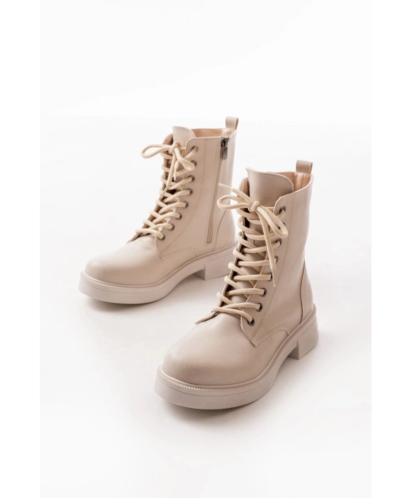 02-356 Bej Düz Topuklu Bağcıklı Fermuarlı Günlük Kadın Bot