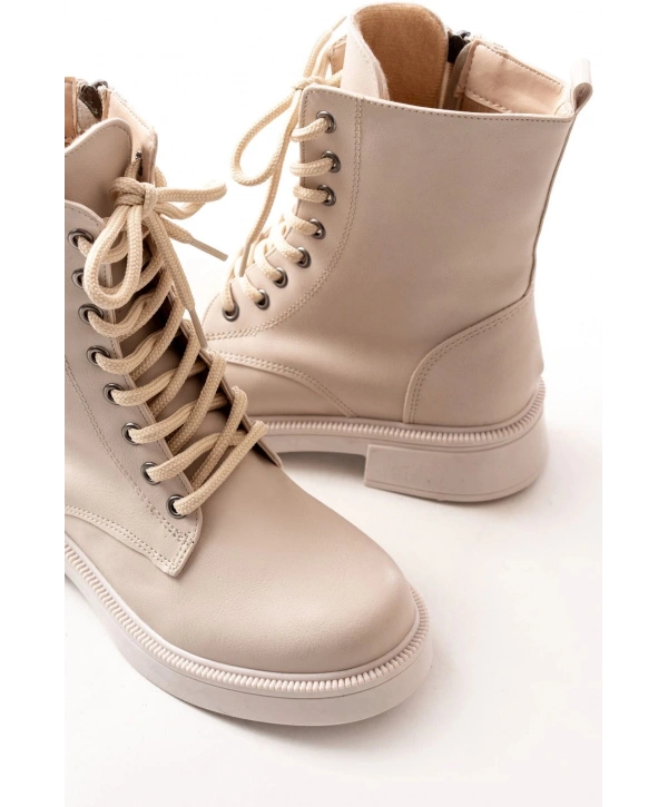 02-356 Bej Düz Topuklu Bağcıklı Fermuarlı Günlük Kadın Bot