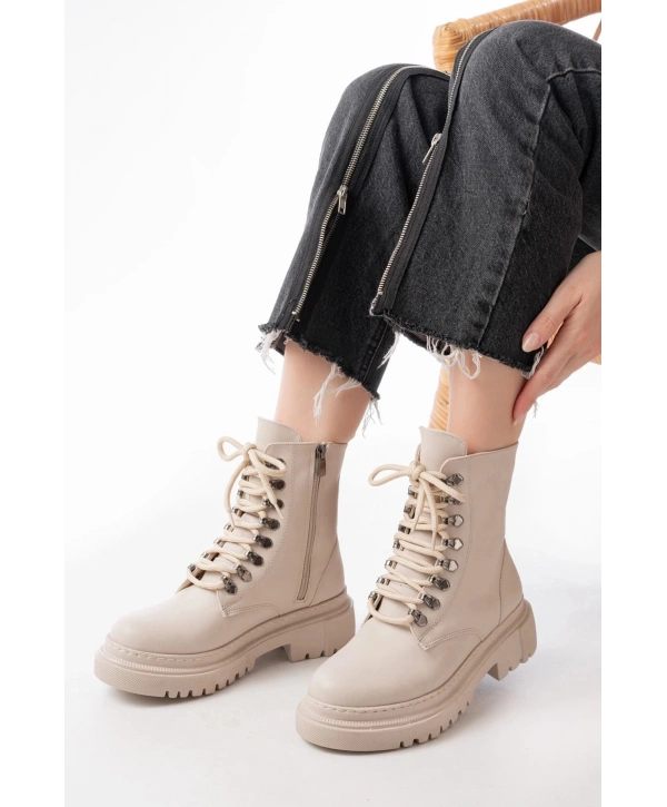 812-2121 Bej Bağcıklı Fermuarlı Günlük Kadın Bot