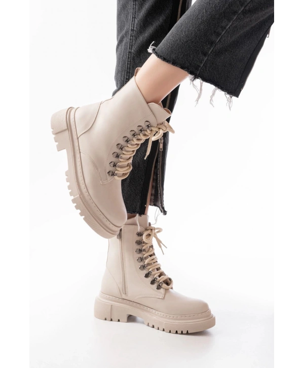 812-2121 Bej Bağcıklı Fermuarlı Günlük Kadın Bot