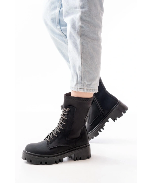 868-2006 Siyah Zümrüt Düz Topuklu Bağcıklı Fermuarlı Günlük Kadın Bot