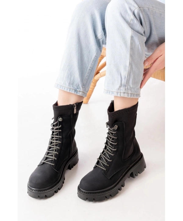 868-2006 Siyah Zümrüt Düz Topuklu Bağcıklı Fermuarlı Günlük Kadın Bot