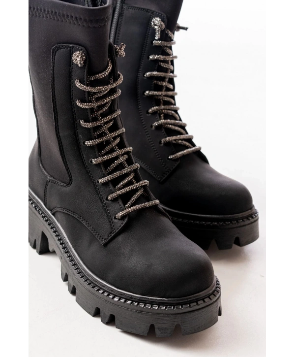 868-2006 Siyah Zümrüt Düz Topuklu Bağcıklı Fermuarlı Günlük Kadın Bot