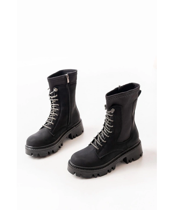 868-2006 Siyah Zümrüt Düz Topuklu Bağcıklı Fermuarlı Günlük Kadın Bot