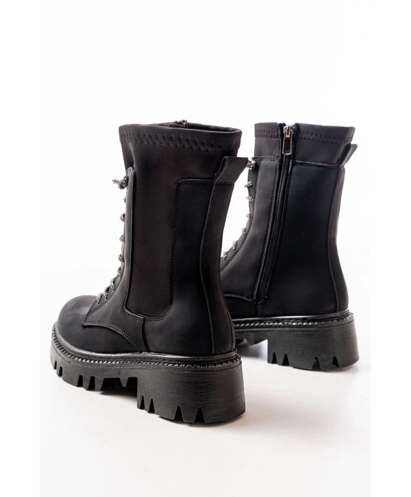 868-2006 Siyah Zümrüt Düz Topuklu Bağcıklı Fermuarlı Günlük Kadın Bot