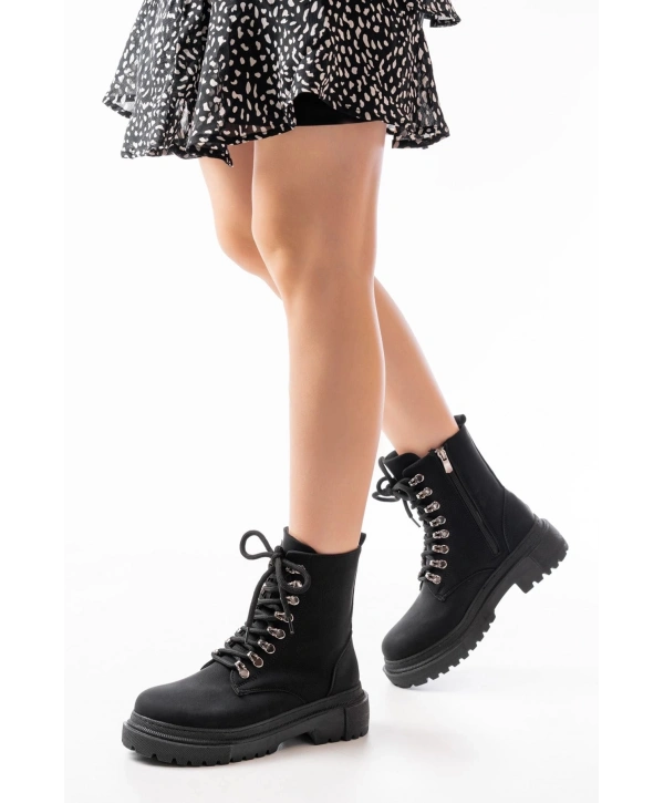 812-2121 Siyah Zümrüt Bağcıklı Fermuarlı Günlük Kadın Bot