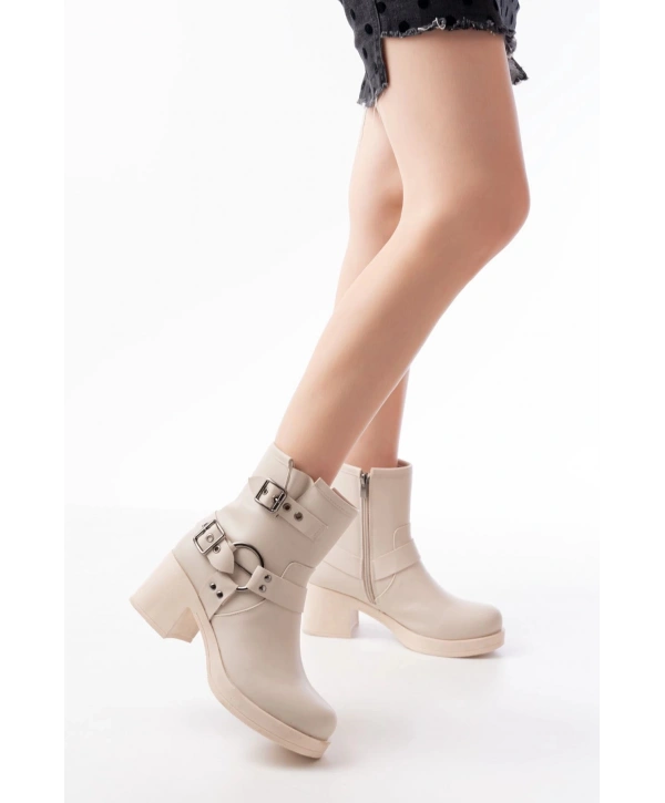 5109-3028 Bej Toka Aksesuarlı Fermuarlı Topuklu Günlük Kadın Bot