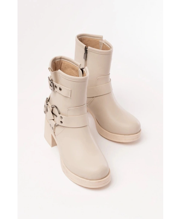 5109-3028 Bej Toka Aksesuarlı Fermuarlı Topuklu Günlük Kadın Bot
