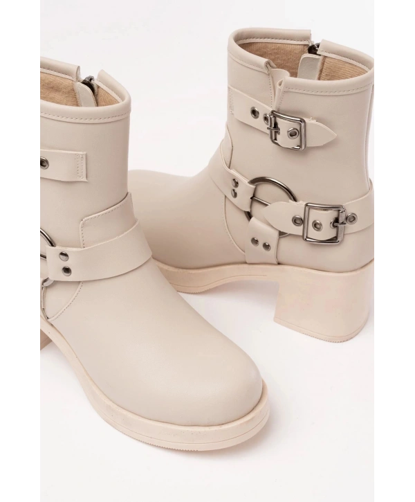 5109-3028 Bej Toka Aksesuarlı Fermuarlı Topuklu Günlük Kadın Bot