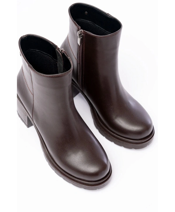 767-3020 Kahverengi Fermuarlı Kalın Topuklu Günlük Kadın Bot