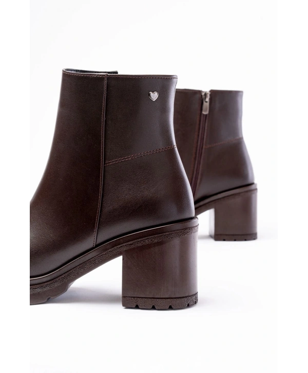 767-3020 Kahverengi Fermuarlı Kalın Topuklu Günlük Kadın Bot