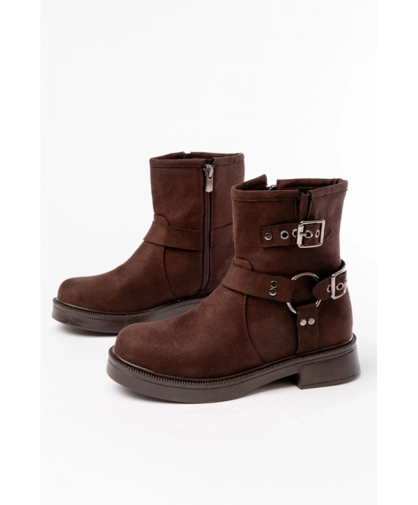 02-2013 Kahverengi Süet Toka Aksesuarlı Fermuarlı Günlük Kadın Bot