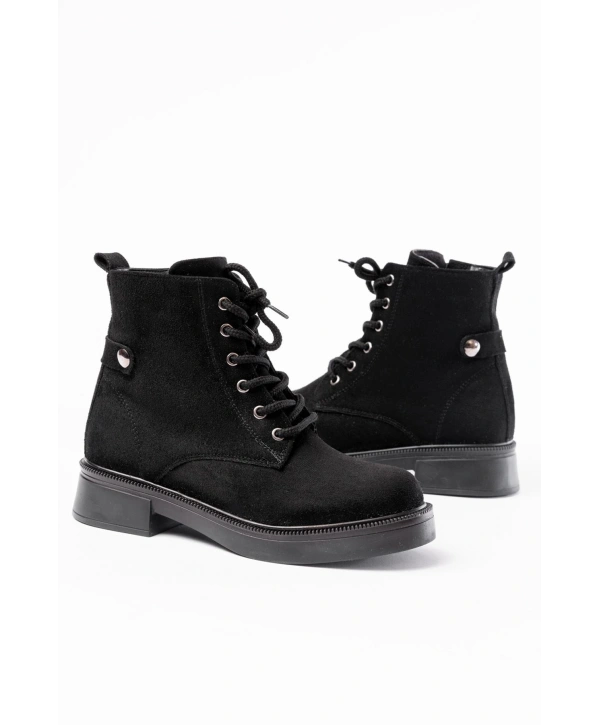 02-2003 Siyah Süet Bağcıklı Fermuarlı Günlük Kadın Bot