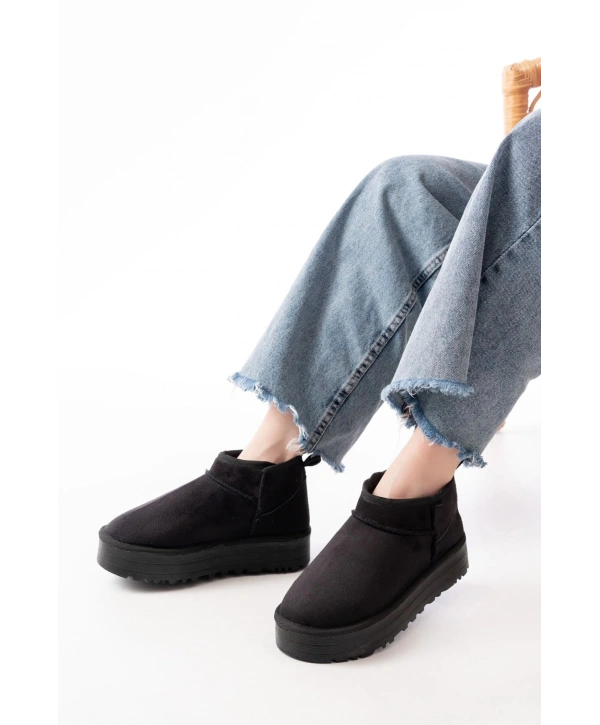 NDR-2850 Siyah Süet İçi Kürklü Kışlık Kapalı Burun Kadın Günlük Terlik