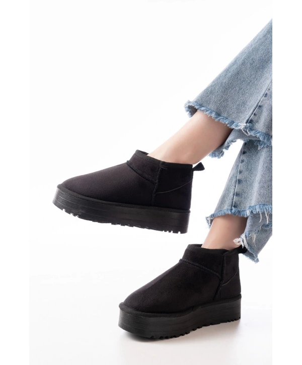 NDR-2850 Siyah Süet İçi Kürklü Kışlık Kapalı Burun Kadın Günlük Terlik