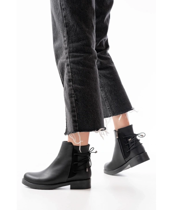 165-209 Siyah Arka Bağcık Aksesuarlı Fermuarlı Günlük Kadın Bot