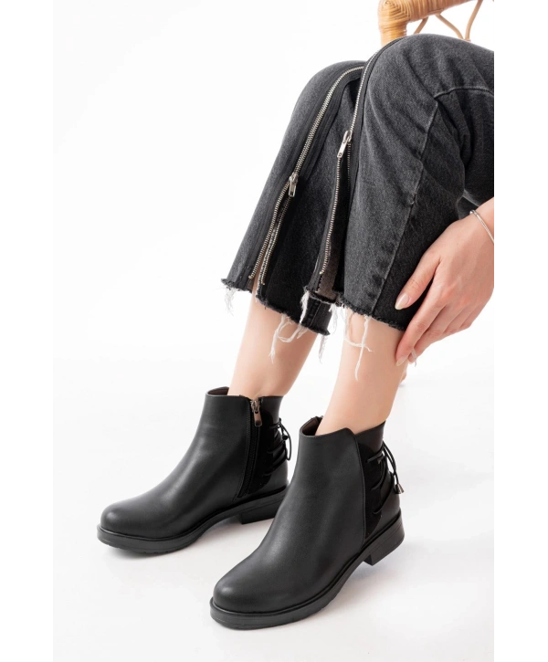 165-209 Siyah Arka Bağcık Aksesuarlı Fermuarlı Günlük Kadın Bot