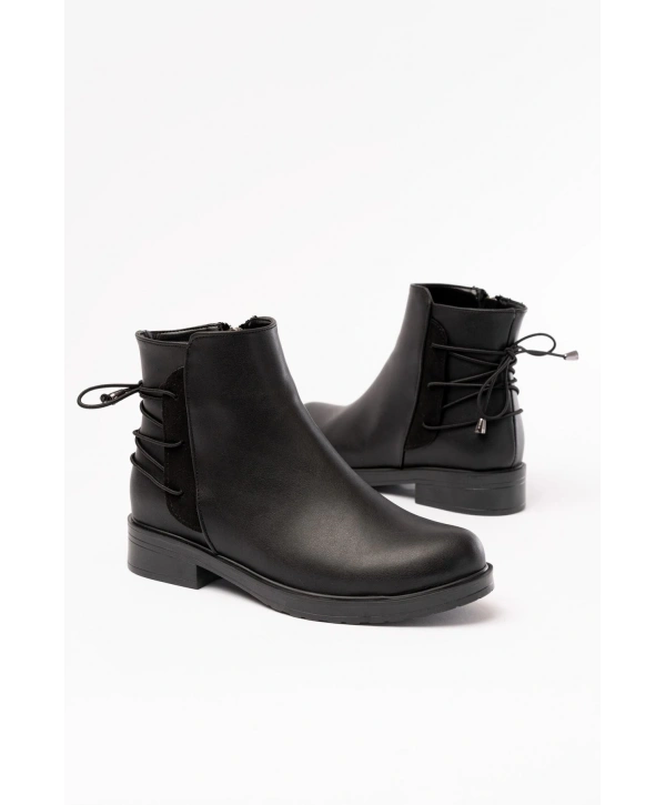 165-209 Siyah Arka Bağcık Aksesuarlı Fermuarlı Günlük Kadın Bot