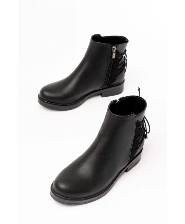 165-209 Siyah Arka Bağcık Aksesuarlı Fermuarlı Günlük Kadın Bot