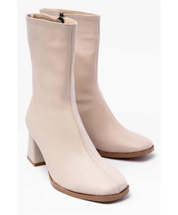 MSK-032 Bej Topuklu Fermuarlı Kadın Bot