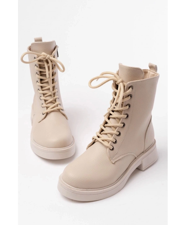 02-356 Bej Galata Düz Topuklu Bağcıklı Fermuarlı Günlük Kadın Bot