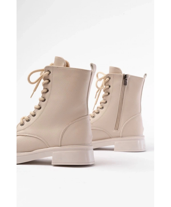 02-356 Bej Galata Düz Topuklu Bağcıklı Fermuarlı Günlük Kadın Bot