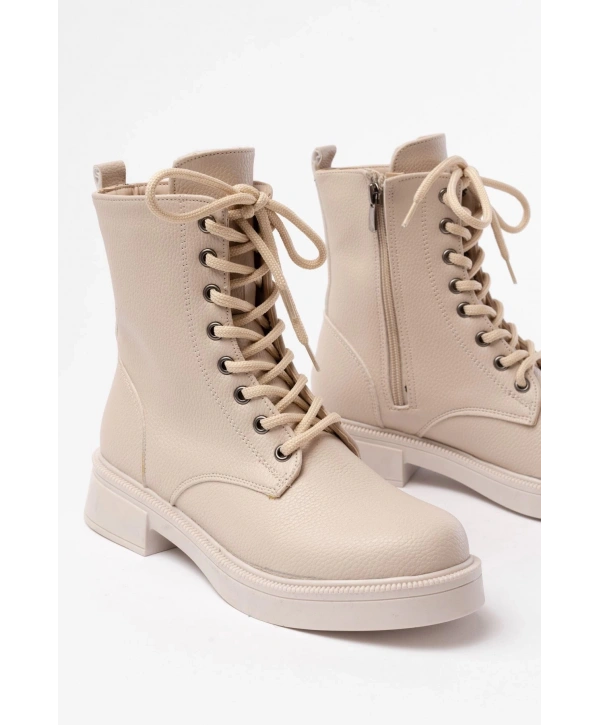 02-356 Bej Galata Düz Topuklu Bağcıklı Fermuarlı Günlük Kadın Bot