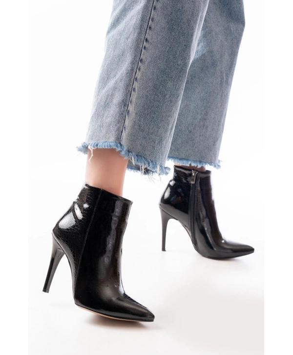 VRT-4802 Siyah Kroko Yüksek İnce Topuklu Fermuarlı Kadın Bot
