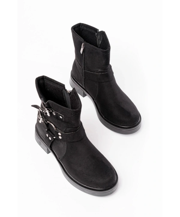 02-2013 Siyah Süet Toka Aksesuarlı Fermuarlı Günlük Kadın Bot
