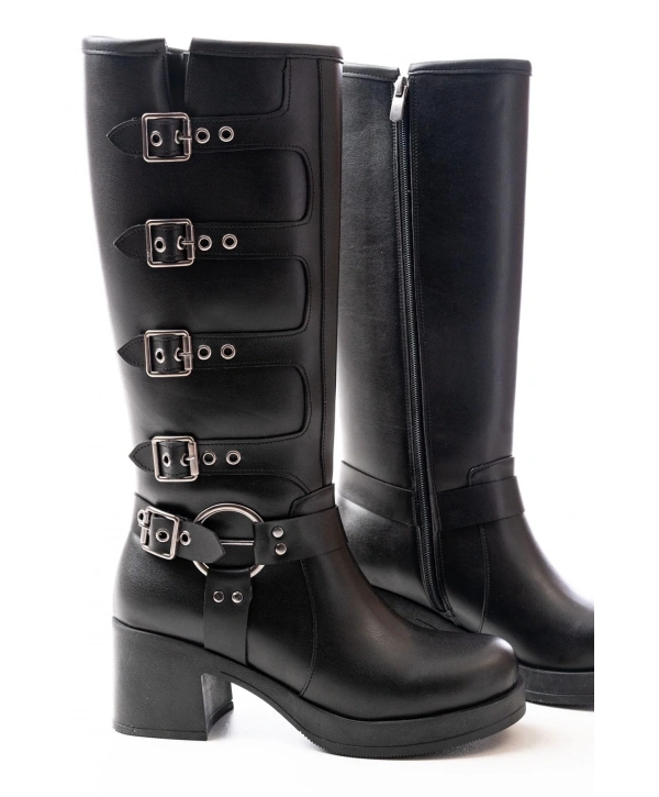 5109-3015 Siyah Topuklu Fermuarlı Toka Aksesuarlı Günlük Kadın Çizme