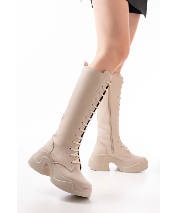 FZ-2450 Bej Yüksek Tabanlı Bağcıklı Fermuarlı Günlük Kadın Çizme