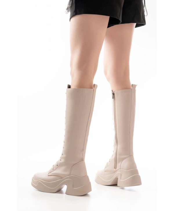 FZ-2450 Bej Yüksek Tabanlı Bağcıklı Fermuarlı Günlük Kadın Çizme